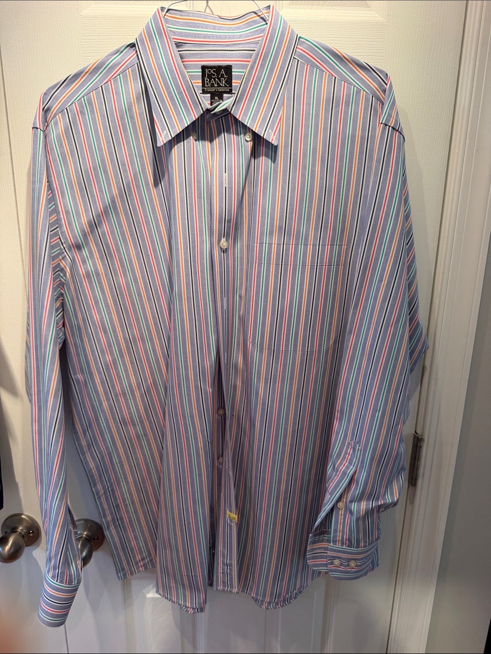 Jos. A. Bank Striped Dress Shirt in Light Blue with Pink and Green Stripes
